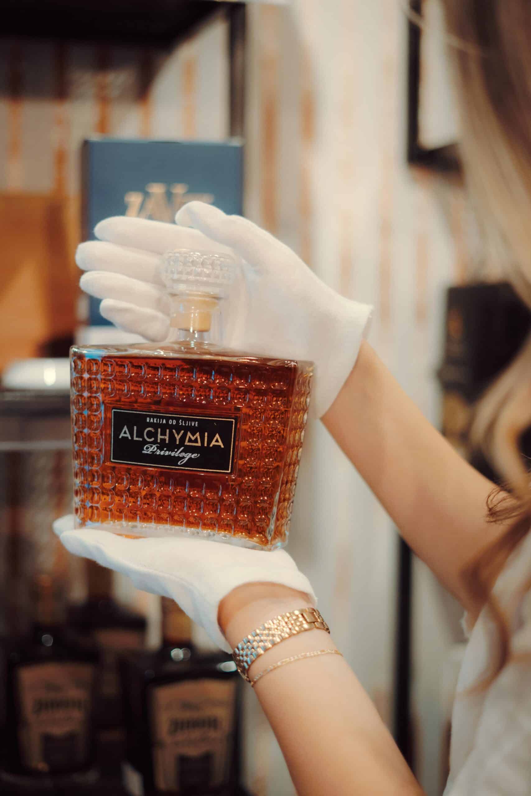 Elegant glass bottle of AlcHymia Rakija, traditional Serbian fruit brandy, crafted for authentic flavor and quality.