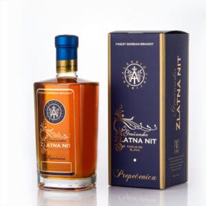 Serbian Zlatna Nit Rakija from Šljiva in elegant packaging for authentic Balkan spirits.
