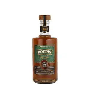 Aesthetic bottle of Potpis handcrafted rakija with wild pear flavor, premium quality, 40% alcohol.