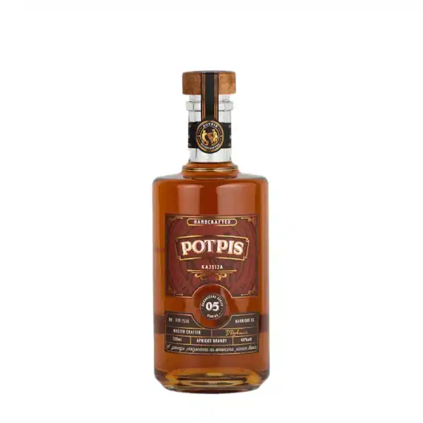 High-quality Potpis apricot rakija bottle featuring handcrafted label and wooden cap, perfect for authentic fruit brandy.