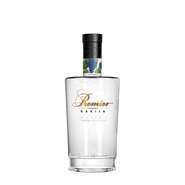 Elegant Rakija bottle with grape design and gold label.