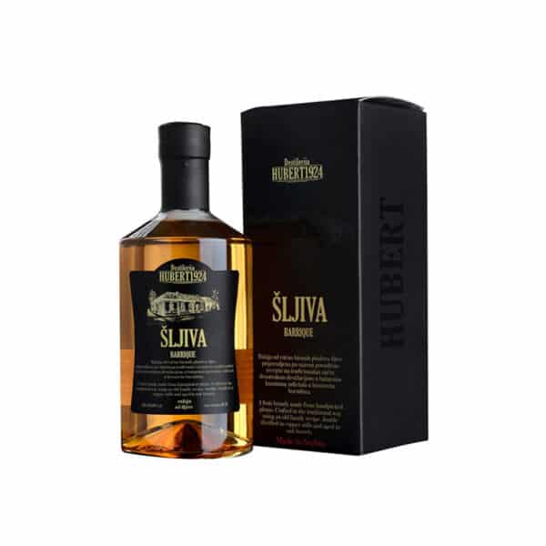 Authentic Serbian Šljiva Barrique Rakija in a black bottle with packaging, crafted from traditional Serbian fruit.