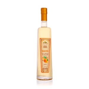 Image of NDV Rakija apricot flavored brandy in a tall, clear bottle with orange cap.