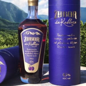 A bottle of Zubor Rakija sa Kablara, traditional Serbian cherry brandy with 43% alcohol, made from fresh plums and cherries.
