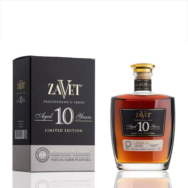 Premium Serbian 10-year aged rakija bottle and box, authentic fruit brandy, limited edition.