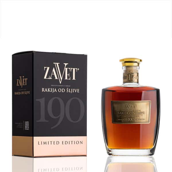 Premium Zavet rakija od šljive, limited edition, handcrafted fruit brandy, perfect for special occasions.