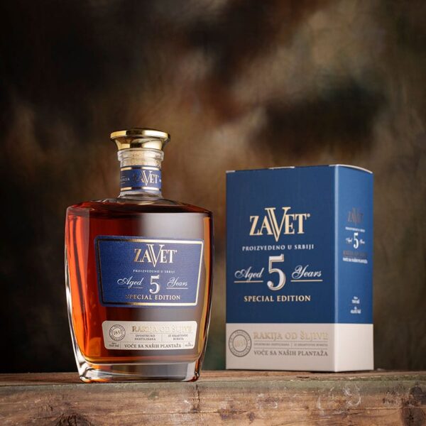 High-quality Serbian Zavet 5-year aged rakija with premium packaging.