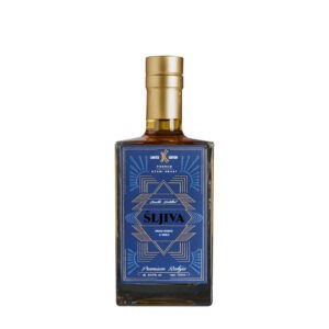 Elegant Serbian Šljiva rakija in a stylish bottle with a blue label.