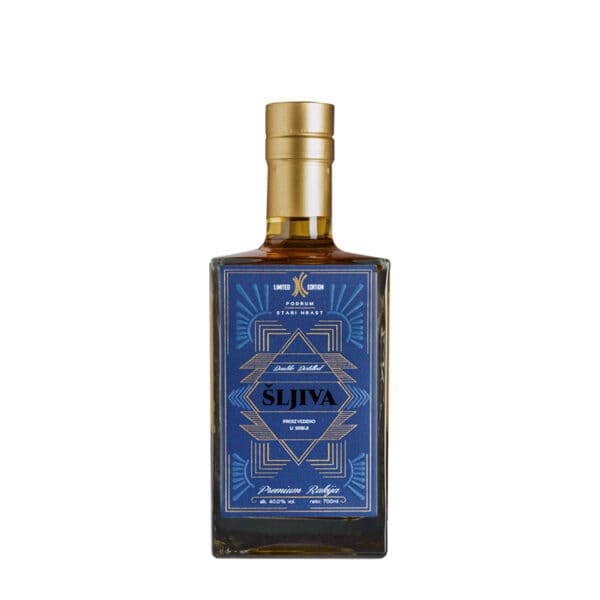 Elegant Serbian Šljiva rakija in a stylish bottle with a blue label.